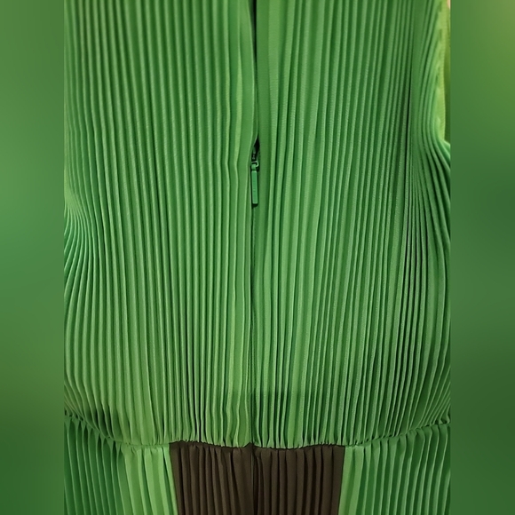 TED BAKER Nellina Pleated Midi Dip Asymmetrical Hem Green Color Block Dress $395 - Picture 11 of 17